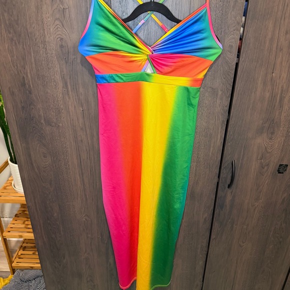 Small Rainbow Tie Dye Maxi Dress Spaghetti Strap Cutout Twist Front Crisscross - Picture 4 of 8